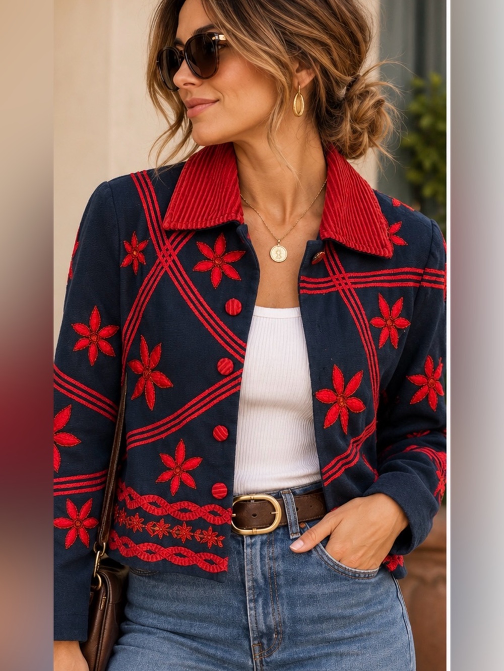 Vintage Bleu Bayou Black Red Embroidered Beaded Floral Jacket Women’s M